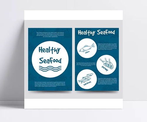 創(chuàng)意卡通海洋食品海報矢量素材 藍底,圓形,波浪,海鮮,魚類,蝦,手繪,矢量圖形,餐飲,美食,健康,廣告海報,矢量素材 難追難回菋